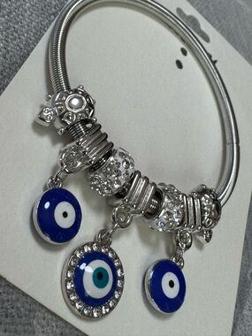 Silver-Tone Blue Evil Eye Charm Bracelet